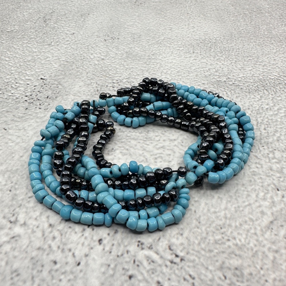 Turquoise Tone Blue Gunmetal Seed Bead Multi Strand Bracelet Statement Vintage